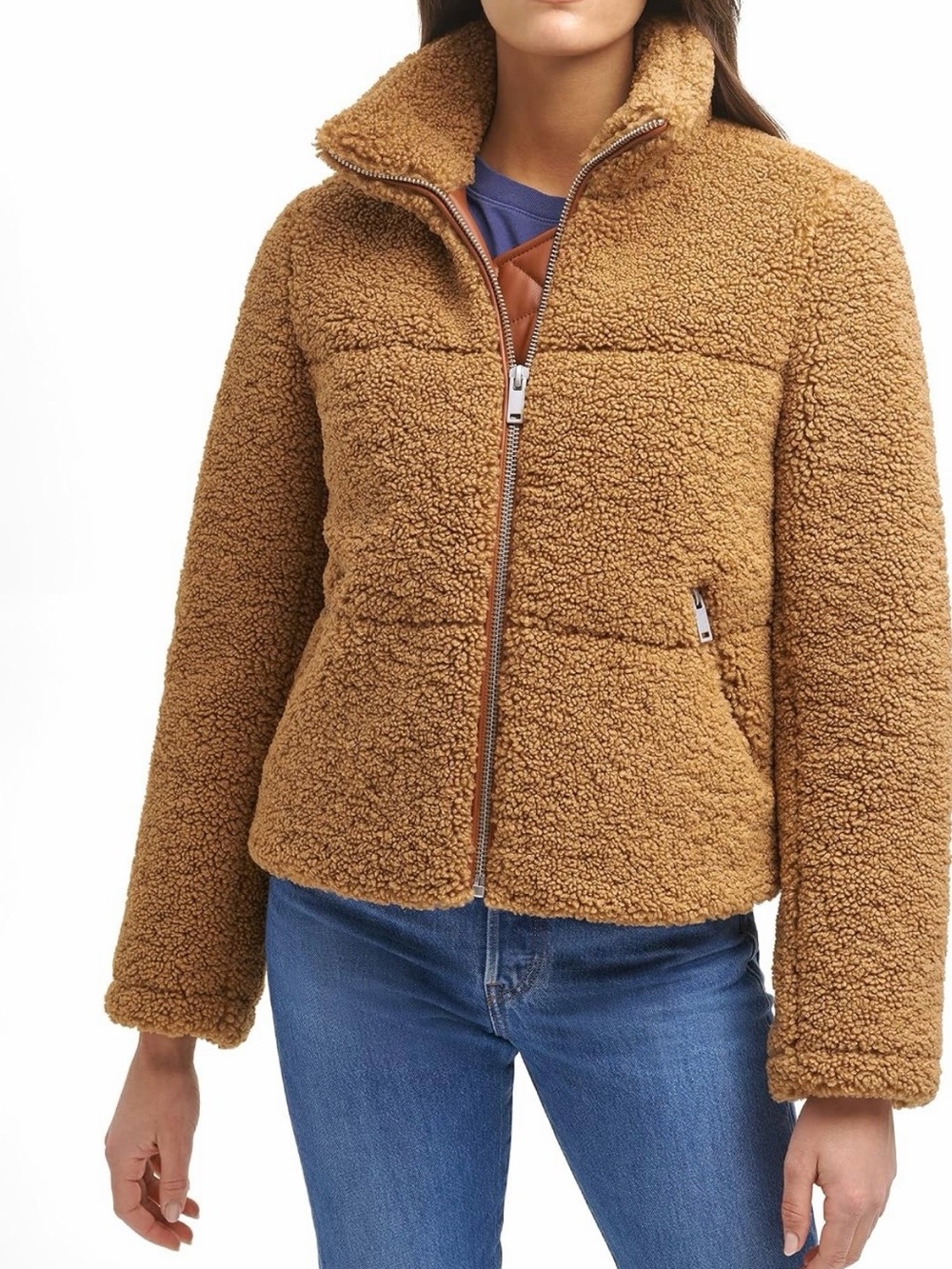 Levi's Stand Collar Quilted High Pile Fleece Zip-Up Jacket - Chestnut